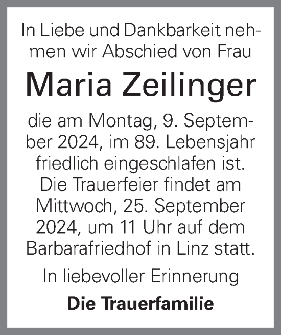 Traueranzeige von Maria Zeilinger von OÖNachrichten