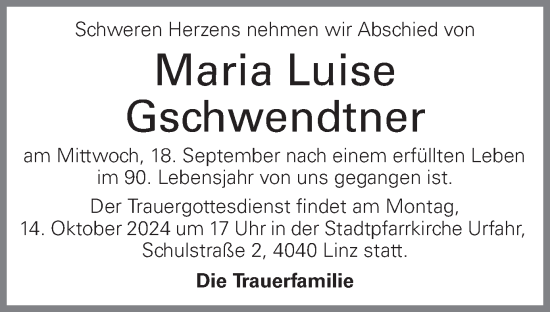 Traueranzeige von Maria Luise Gschwendtner von OÖNachrichten