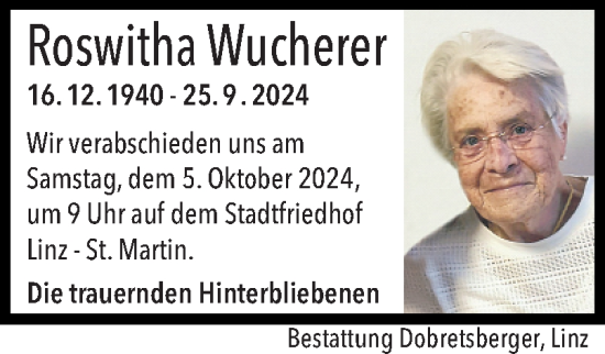 Traueranzeige von Roswitha Wucherer von OÖNachrichten