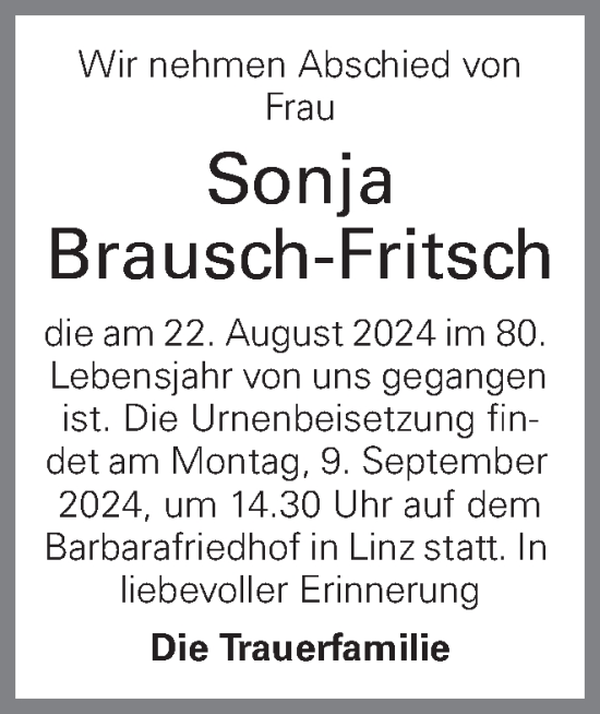 Traueranzeige von Sonja Brausch-Fritsch von OÖNachrichten