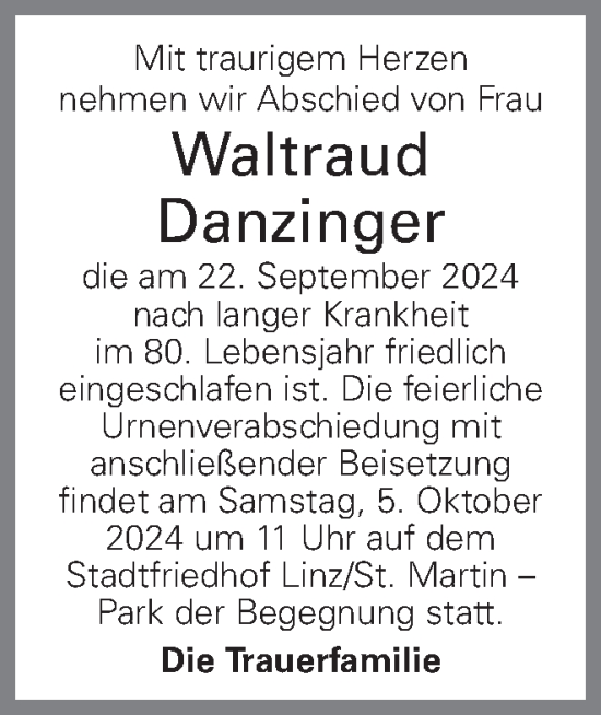 Traueranzeige von Waltraud Danzinger von OÖNachrichten