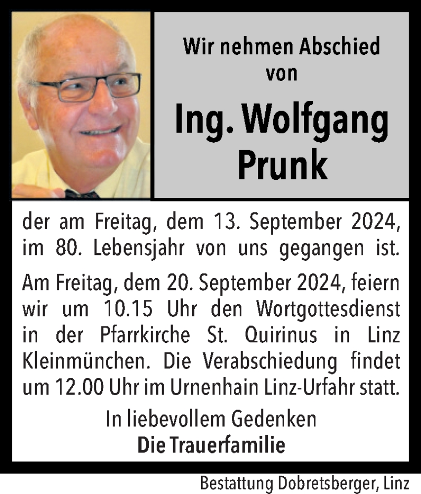  Traueranzeige für Wolfgang Prunk vom 16.09.2024 aus OÖNachrichten