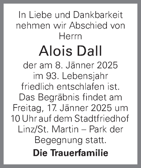 Traueranzeige von Alois Dall von OÖNachrichten