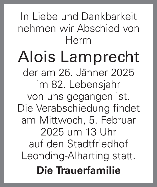 Traueranzeige von Alois Lamprecht von OÖNachrichten