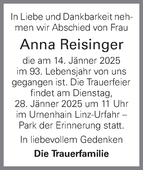 Traueranzeige von Anna Reisinger von OÖNachrichten