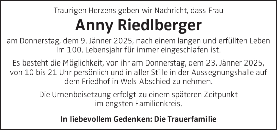 Traueranzeige von Anny Riedlberger von OÖNachrichten