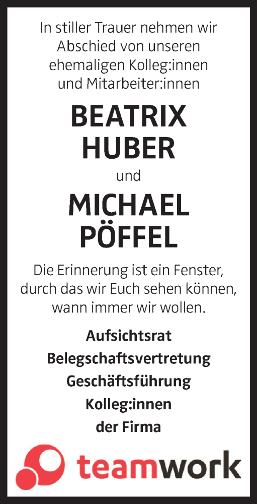 Traueranzeige von Beatrix und Michael Huber und Pöffel von OÖNachrichten