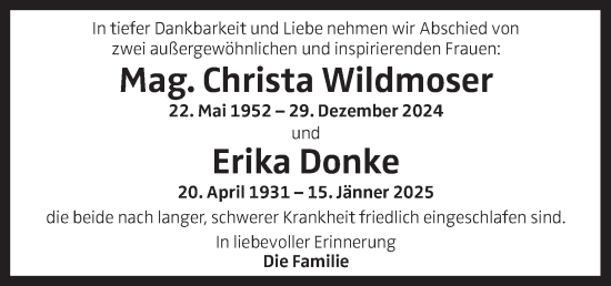 Traueranzeige von Christa Wildmoser und Erika Donke   von OÖNachrichten