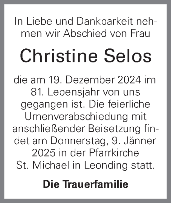 Traueranzeige von Christine Selos von OÖNachrichten