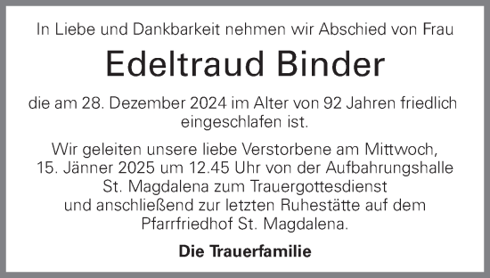 Traueranzeige von Edeltraud Binder von OÖNachrichten