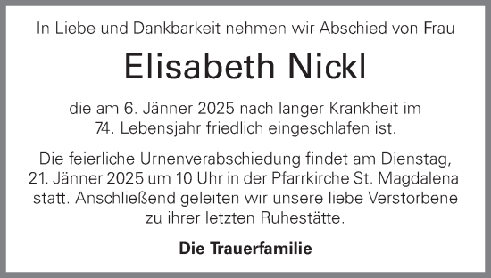 Traueranzeige von Elisabeth Nickl von OÖNachrichten