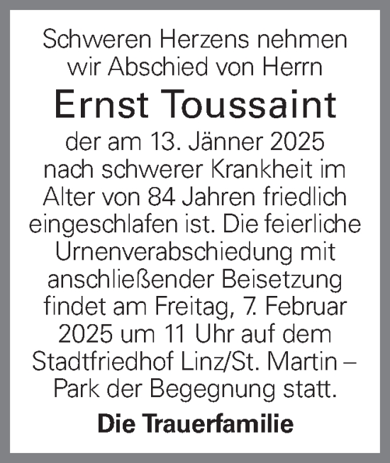 Traueranzeige von Ernst Toussaint von OÖNachrichten