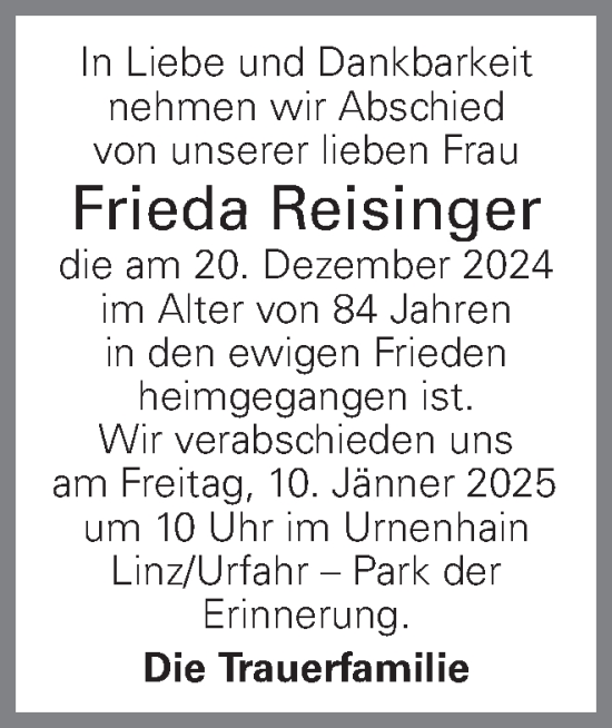 Traueranzeige von Frieda Reisinger von OÖNachrichten