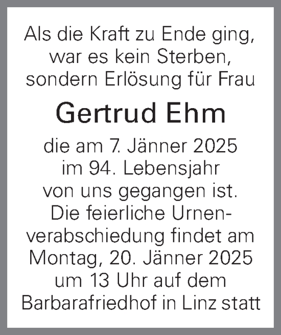Traueranzeige von Gertrud Ehm von OÖNachrichten