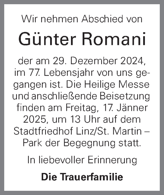 Traueranzeige von Günter Romani von OÖNachrichten