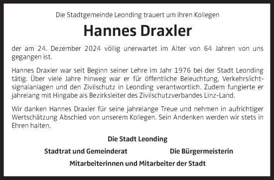 Traueranzeige von Hannes Draxler von OÖNachrichten