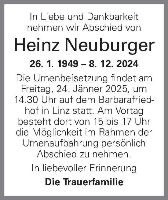 Traueranzeige von Heinz Neuburger von OÖNachrichten