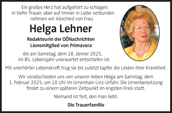 Traueranzeige von Helga Lehner von OÖNachrichten