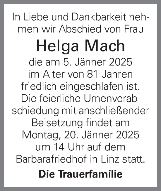 Traueranzeige von Helga Mach von OÖNachrichten