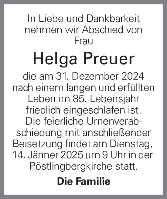 Traueranzeige von Helga Preuer von OÖNachrichten