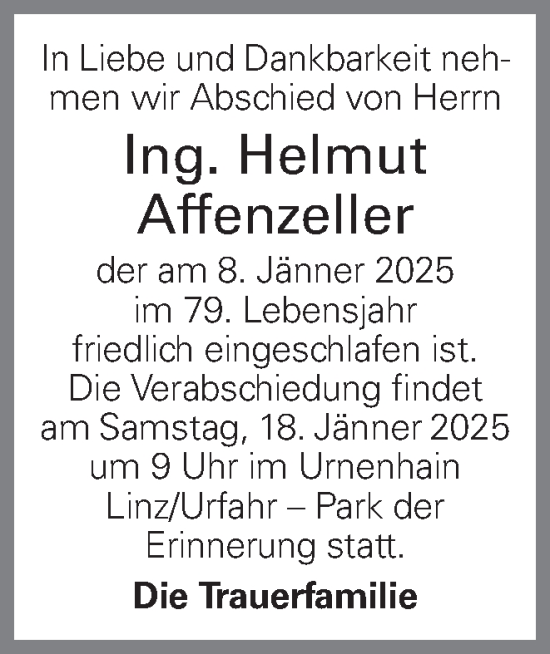 Traueranzeige von Helmut Affenzeller von OÖNachrichten
