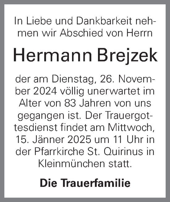 Traueranzeige von Hermann Brejzek von OÖNachrichten