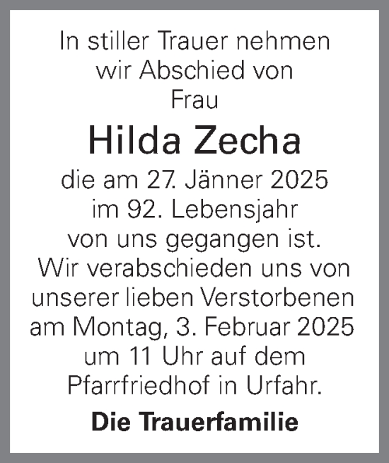 Traueranzeige von Hilda Zecha von OÖNachrichten