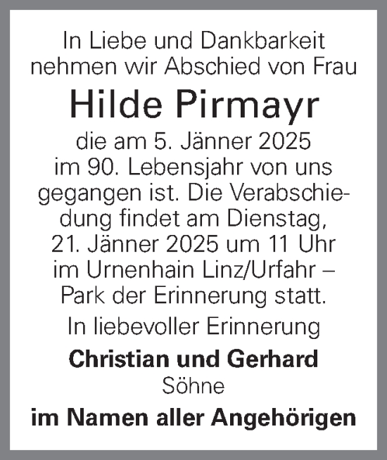 Traueranzeige von Hilde Pirmayr von OÖNachrichten