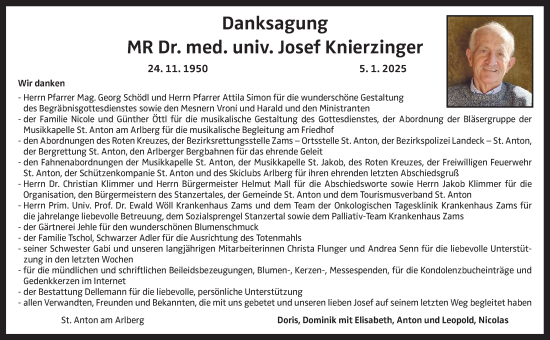 Traueranzeige von Josef Knierzinger von OÖNachrichten