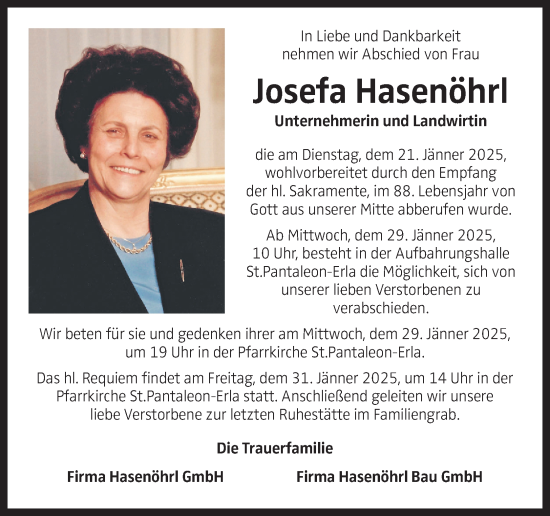 Traueranzeige von Josefa Hasenöhrl von OÖNachrichten