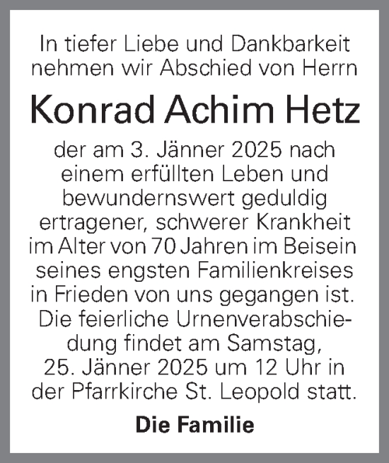 Traueranzeige von Konrad Achim Hetz von OÖNachrichten