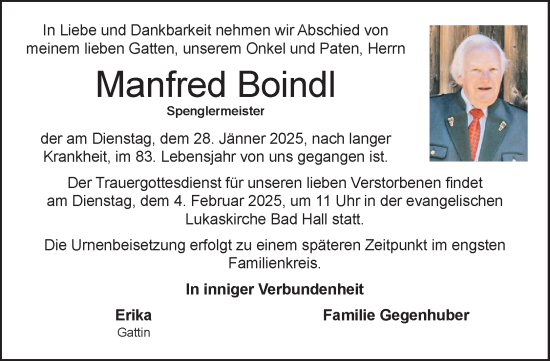 Traueranzeige von Manfred Boindl von OÖNachrichten