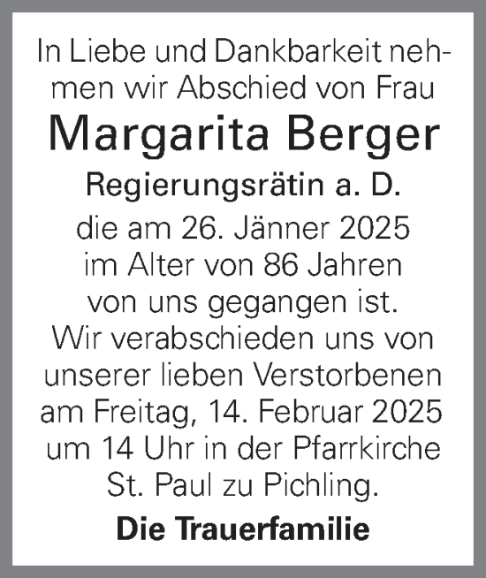Traueranzeige von Margarita Berger von OÖNachrichten
