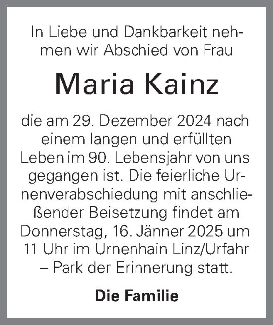 Traueranzeige von Maria Kainz von OÖNachrichten