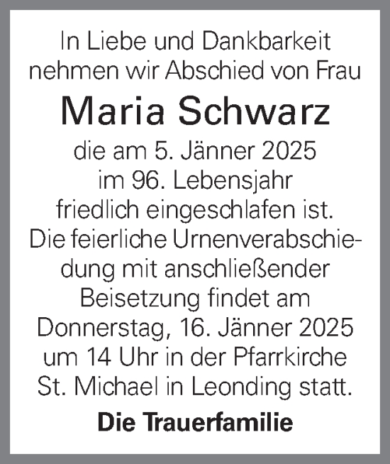 Traueranzeige von Maria Schwarz von OÖNachrichten