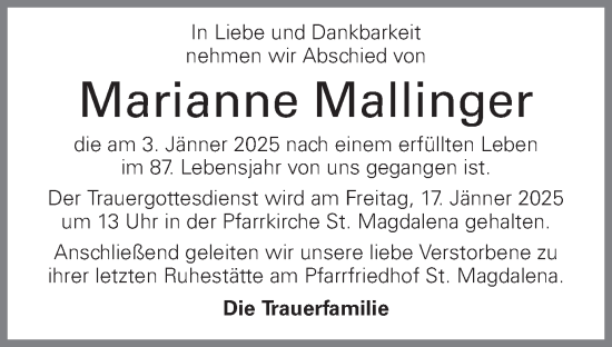 Traueranzeige von Marianne Mallinger von OÖNachrichten