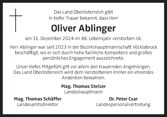 Traueranzeige von Oliver Ablinger von OÖNachrichten