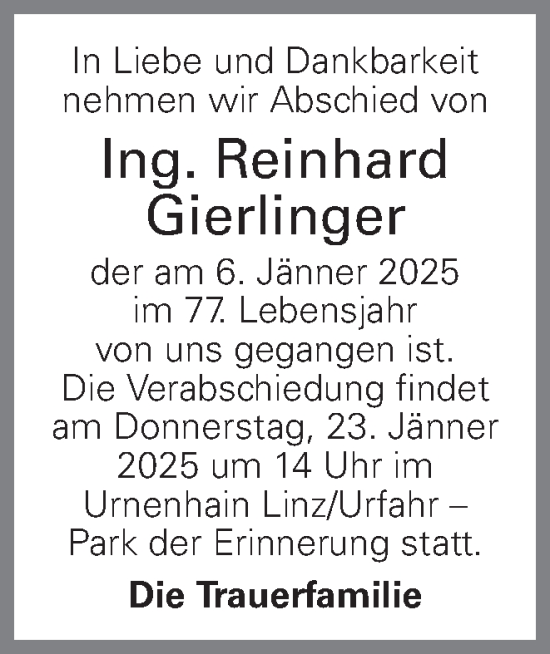 Traueranzeige von Reinhard Gierlinger von OÖNachrichten