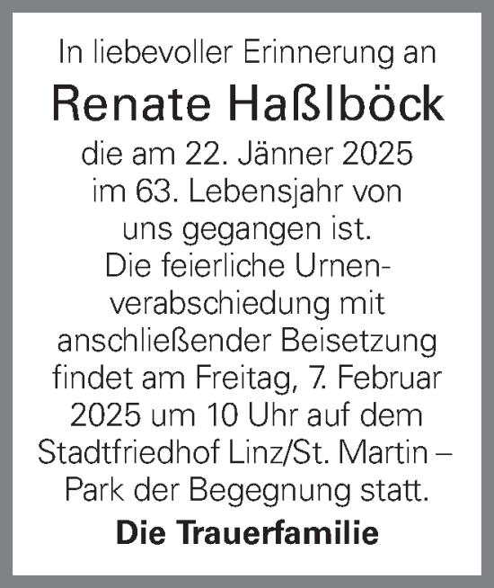 Traueranzeige von Renate Haßlböck von OÖNachrichten