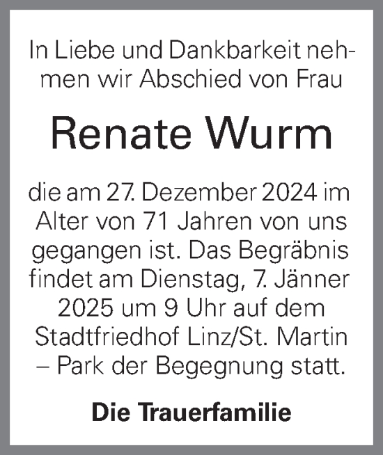 Traueranzeige von Renate Wurm von OÖNachrichten