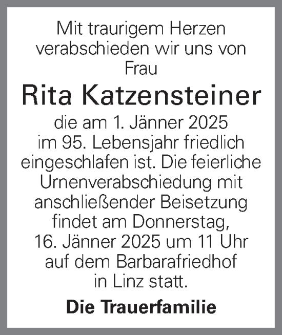 Traueranzeige von Rita Katzensteiner von OÖNachrichten