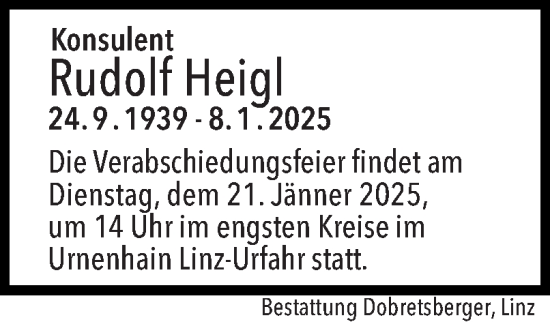 Traueranzeige von Rudolf Heigl von OÖNachrichten
