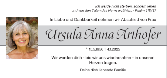 Traueranzeige von Ursula Anna Arthofer von OÖNachrichten