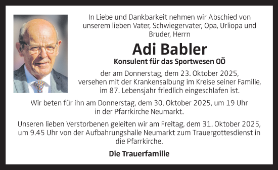 Traueranzeige von Adi Babler von OÖNachrichten