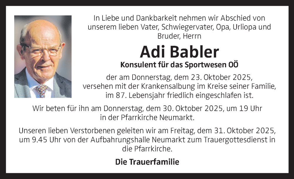  Traueranzeige für Adi Babler vom 30.10.2025 aus OÖNachrichten