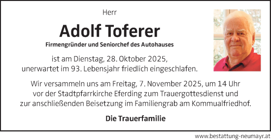 Traueranzeige von Adolf Toferer von OÖNachrichten