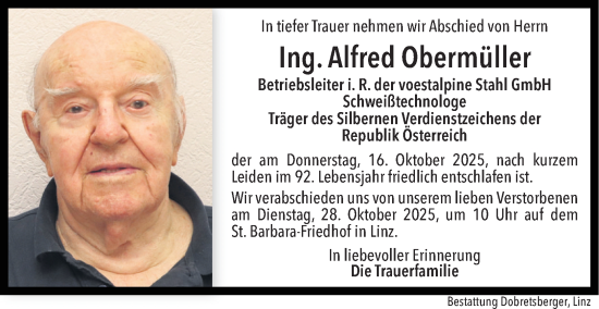 Traueranzeige von Alfred Obermüller von OÖNachrichten