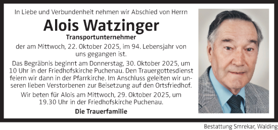 Traueranzeige von Alois Watzinger von OÖNachrichten