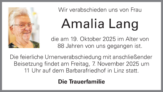Traueranzeige von Amalia Lang von OÖNachrichten