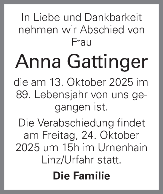Traueranzeige von Anna Gattinger von OÖNachrichten